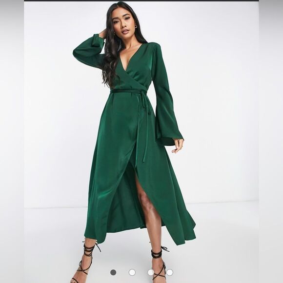 ASOS Design bias cut satin wrap dress with tie waist in forest green • Sz 10 - Picture 1 of 5